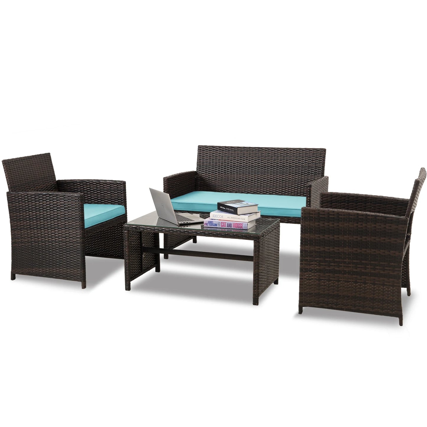 4 Pc Outdoor Wicker Furniture Set with Soft Cushions and Glass Tabletop
