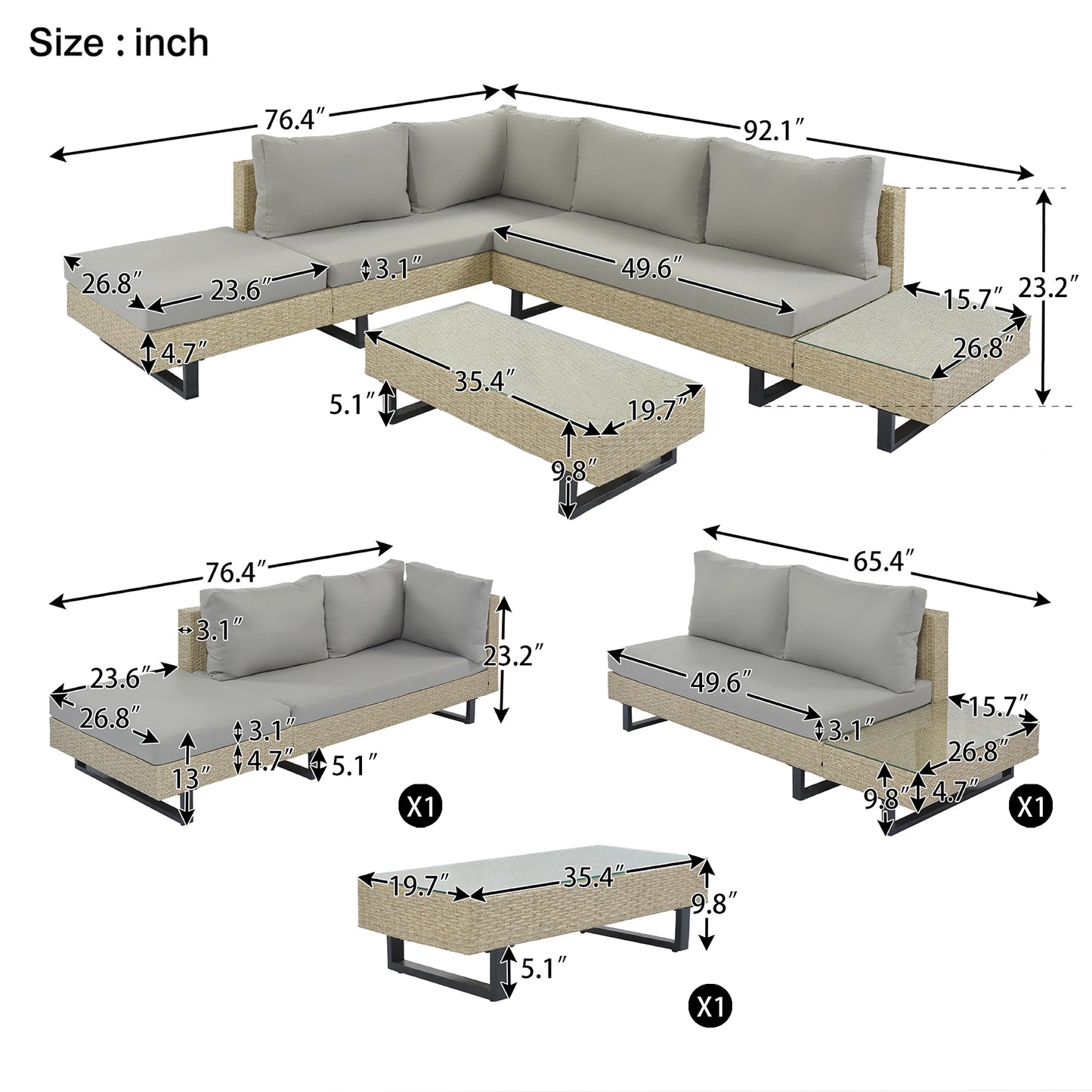 3-piece Outdoor Wicker Sofa Patio Furniture Set, L-shaped Corner Sofa, Water And UV Protected Two Glass Table