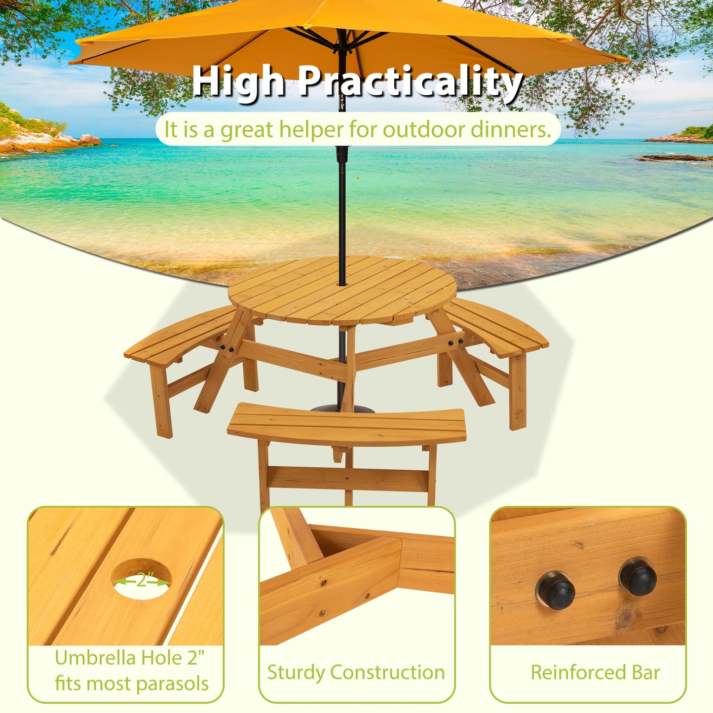 6-Person Circular Outdoor Wooden Picnic Table DIY W/3 Built-in Benches