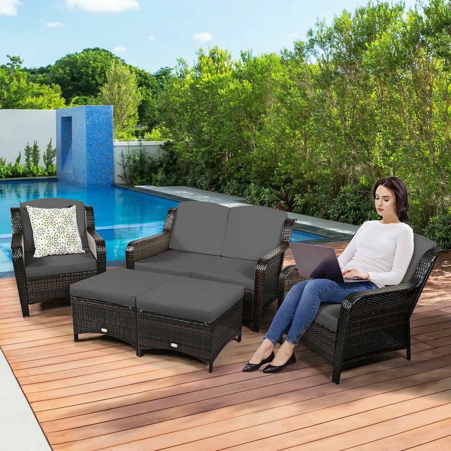 5 Pieces Patio Furniture Set Outdoor Rattan Conversation Sofa Set W/ Cushions