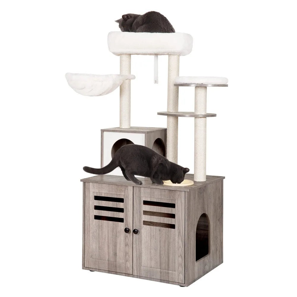 Cat Tree, Wood Litter Box Enclosure with Food Station, All-in-one Indoor Cat Furniture with Large Platform and Condo