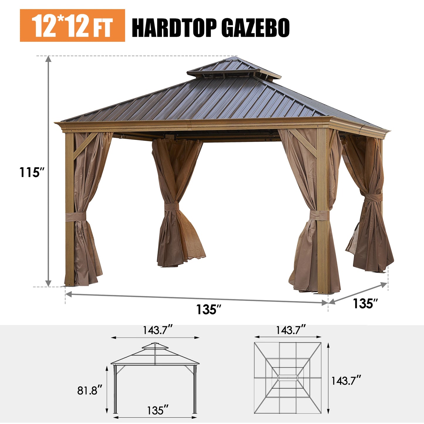 12x12FT Patio Gazebo with Steel Canopy Outdoor Permanent Hardtop