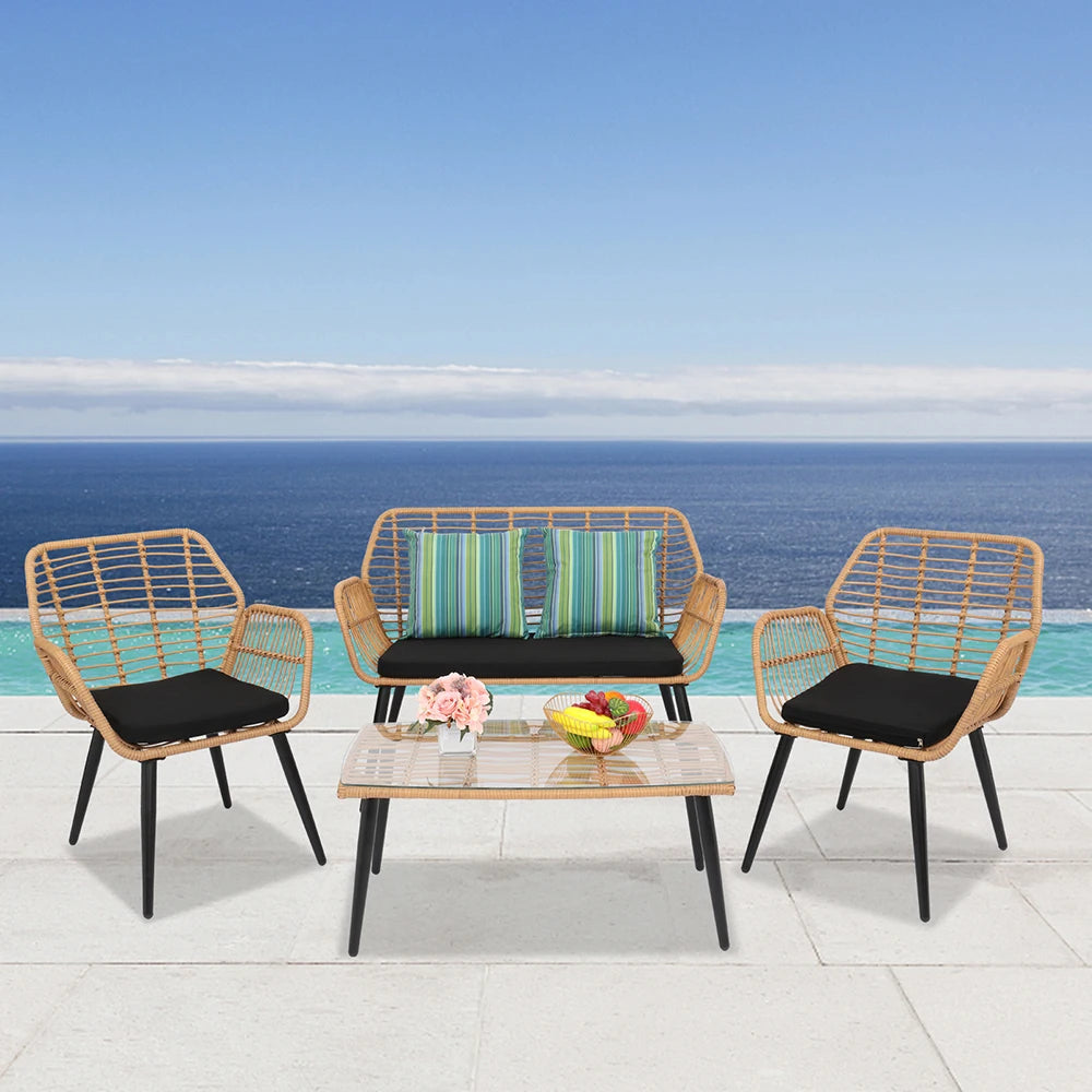 4 Piece Patio Bistro Set Porch Furniture, Rattan Wicker Chairs with Table, Outdoor Garden Furniture Set