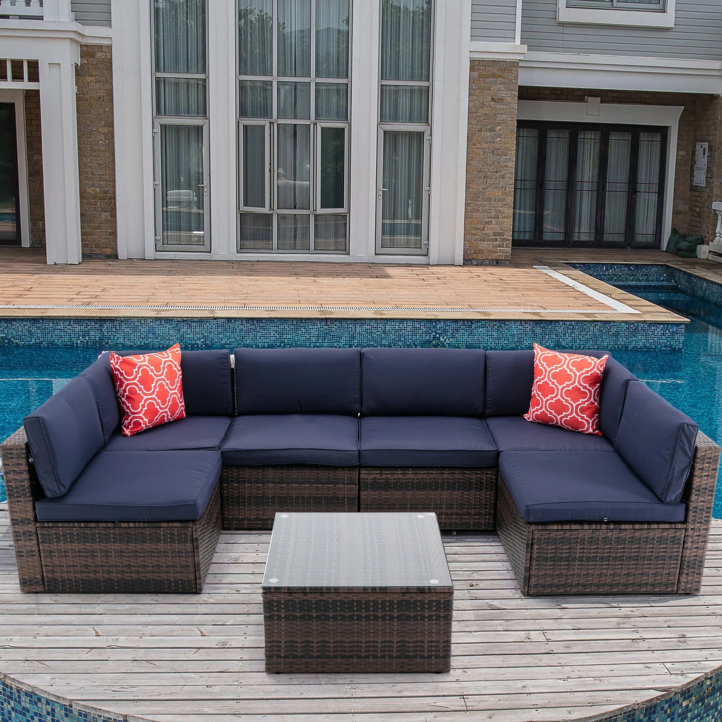 7Pcs Outdoor Patio Furniture Rattan Wicker Sectional Cushioned Sofa Sets with 2 Pillows